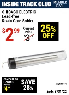 Harbor Freight ITC Coupon LEAD-FREE ROSIN CORE SOLDER Lot No. 69378 Expired: 3/31/22 - $2.99