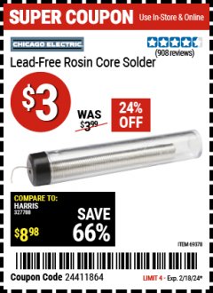 Harbor Freight Coupon LEAD-FREE ROSIN CORE SOLDER Lot No. 69378 Expired: 2/18/24 - $3