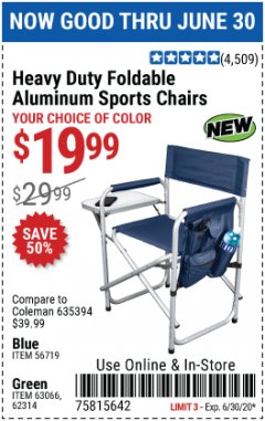 Harbor Freight Coupon HEAVY DUTY FOLDABLE ALUMINUM SPORTS CHAIRS Lot No. 56719/63066/62314 Expired: 6/30/20 - $19.99