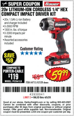 Harbor Freight Coupon 20 VOLT LITHIUM-ION CORDLESS 1/4" HEX COMPACT IMPACT DRIVER KIT Lot No. 64755/63528 Expired: 6/30/20 - $59.99