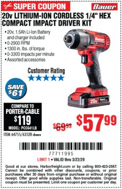 Harbor Freight Coupon 20 VOLT LITHIUM-ION CORDLESS 1/4" HEX COMPACT IMPACT DRIVER KIT Lot No. 64755/63528 Expired: 3/22/20 - $57.99