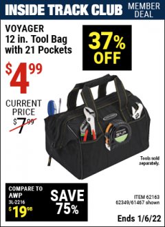Harbor Freight ITC Coupon 12" TOOL BAG WITH 21 POCKETS Lot No. 38168/62163/62349/61467 Expired: 1/6/22 - $4.99