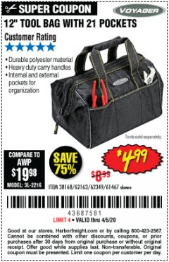 Harbor Freight Coupon 12" TOOL BAG WITH 21 POCKETS Lot No. 38168/62163/62349/61467 Expired: 6/30/20 - $4.99
