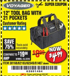 Harbor Freight Coupon 12" TOOL BAG WITH 21 POCKETS Lot No. 38168/62163/62349/61467 Expired: 6/21/20 - $4.99