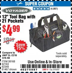 Harbor Freight Coupon 12" TOOL BAG WITH 21 POCKETS Lot No. 38168/62163/62349/61467 Expired: 8/16/20 - $4.99