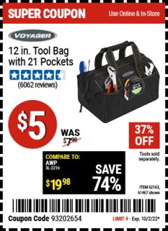Harbor Freight Coupon 12" TOOL BAG WITH 21 POCKETS Lot No. 38168/62163/62349/61467 Expired: 10/2/22 - $5