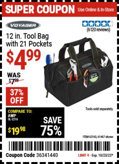 Harbor Freight Coupon 12" TOOL BAG WITH 21 POCKETS Lot No. 38168/62163/62349/61467 Expired: 10/23/22 - $4.99