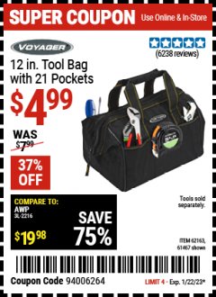 Harbor Freight Coupon 12" TOOL BAG WITH 21 POCKETS Lot No. 38168/62163/62349/61467 Expired: 1/22/23 - $4.99