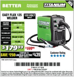 Harbor Freight Coupon EASY FLUX 125 WELDER Lot No. 56359/56355 Expired: 2/23/20 - $179.99
