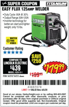 Harbor Freight Coupon EASY FLUX 125 WELDER Lot No. 56359/56355 Expired: 6/30/20 - $179.99