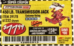 Harbor Freight Coupon PITTSBURGH 450 LB. TRANSMISSION JACK Lot No. 39178/61232 Expired: 2/29/20 - $77.99