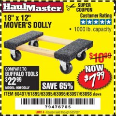 Harbor Freight Coupon HAUL MASTER 18" X 12" MOVER'S DOLLY Lot No. 60497/61899/63095/63096/63097/63098 Expired: 6/30/20 - $7.99