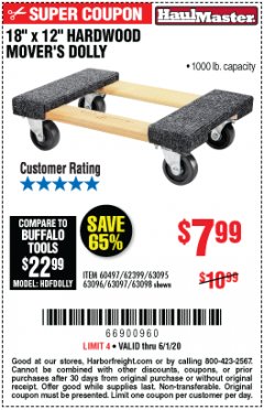 Harbor Freight Coupon HAUL MASTER 18" X 12" MOVER'S DOLLY Lot No. 60497/61899/63095/63096/63097/63098 Expired: 6/30/20 - $7.99