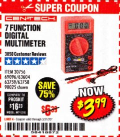 Harbor Freight Coupon CEN-TECH 7 FUNCTION DIGITAL MULTIMETER Lot No. 30756/69096/63604/63759/63758/98025 Expired: 3/31/20 - $3.99