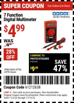 Harbor Freight Coupon CEN-TECH 7 FUNCTION DIGITAL MULTIMETER Lot No. 30756/69096/63604/63759/63758/98025 Expired: 11/13/22 - $4.99