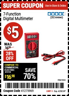 Harbor Freight Coupon CEN-TECH 7 FUNCTION DIGITAL MULTIMETER Lot No. 30756/69096/63604/63759/63758/98025 Valid Thru: 4/28/24 - $5