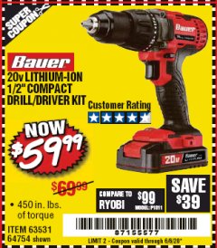 Harbor Freight Coupon 20V DRILL DRIVER Lot No. 63531 Expired: 6/30/20 - $59.99