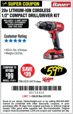 Harbor Freight Coupon 20V DRILL DRIVER Lot No. 63531 Expired: 6/30/20 - $59.99