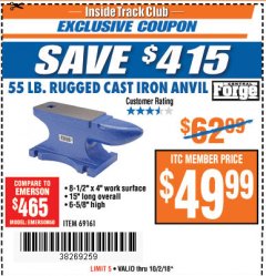 Harbor Freight ITC Coupon CENTRAL FORGE 55 LB. RUGGED CAST-IRON ANVIL Lot No. 69161 Expired: 10/2/18 - $49.99