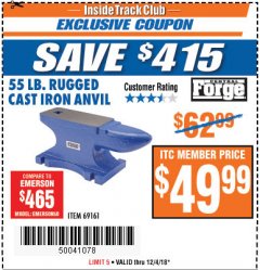 Harbor Freight ITC Coupon CENTRAL FORGE 55 LB. RUGGED CAST-IRON ANVIL Lot No. 69161 Expired: 12/4/18 - $49.99