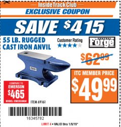 Harbor Freight ITC Coupon CENTRAL FORGE 55 LB. RUGGED CAST-IRON ANVIL Lot No. 69161 Expired: 1/9/19 - $49.99