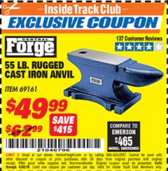 Harbor Freight ITC Coupon CENTRAL FORGE 55 LB. RUGGED CAST-IRON ANVIL Lot No. 69161 Expired: 4/30/19 - $49.99