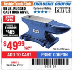 Harbor Freight ITC Coupon CENTRAL FORGE 55 LB. RUGGED CAST-IRON ANVIL Lot No. 69161 Expired: 5/7/19 - $49.99