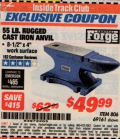 Harbor Freight ITC Coupon CENTRAL FORGE 55 LB. RUGGED CAST-IRON ANVIL Lot No. 69161 Expired: 7/31/19 - $49.99
