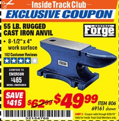 Harbor Freight ITC Coupon CENTRAL FORGE 55 LB. RUGGED CAST-IRON ANVIL Lot No. 69161 Expired: 9/30/19 - $49.99