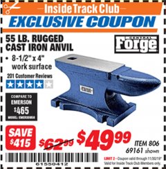 Harbor Freight ITC Coupon CENTRAL FORGE 55 LB. RUGGED CAST-IRON ANVIL Lot No. 69161 Expired: 11/30/19 - $49.99