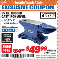 Harbor Freight ITC Coupon CENTRAL FORGE 55 LB. RUGGED CAST-IRON ANVIL Lot No. 69161 Expired: 4/30/20 - $49.99