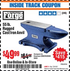 Harbor Freight ITC Coupon CENTRAL FORGE 55 LB. RUGGED CAST-IRON ANVIL Lot No. 69161 Expired: 7/31/20 - $49.99
