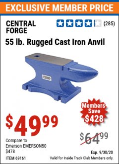 Harbor Freight ITC Coupon CENTRAL FORGE 55 LB. RUGGED CAST-IRON ANVIL Lot No. 69161 Expired: 9/30/20 - $49.99