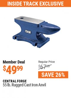 Harbor Freight ITC Coupon CENTRAL FORGE 55 LB. RUGGED CAST-IRON ANVIL Lot No. 69161 Expired: 7/29/21 - $49.99