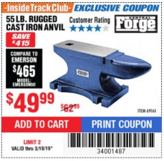 Harbor Freight Coupon CENTRAL FORGE 55 LB. RUGGED CAST-IRON ANVIL Lot No. 69161 Expired: 3/19/19 - $49.99