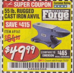 Harbor Freight Coupon CENTRAL FORGE 55 LB. RUGGED CAST-IRON ANVIL Lot No. 69161 Expired: 7/5/20 - $49.99