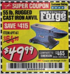 Harbor Freight Coupon CENTRAL FORGE 55 LB. RUGGED CAST-IRON ANVIL Lot No. 69161 Expired: 7/5/20 - $49.99