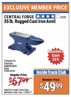 Harbor Freight ITC Coupon CENTRAL FORGE 55 LB. RUGGED CAST-IRON ANVIL Lot No. 69161 Expired: 1/28/21 - $49.99