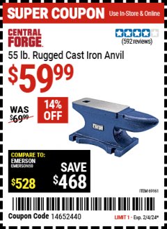 Harbor Freight Coupon CENTRAL FORGE 55 LB. RUGGED CAST-IRON ANVIL Lot No. 69161 Expired: 2/4/24 - $59.99