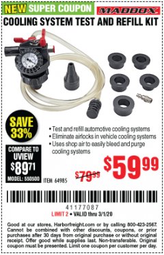 Harbor Freight Coupon COOLING SYSTEM TEST AND REFILL KIT Lot No. 64985 Expired: 3/1/20 - $59.99