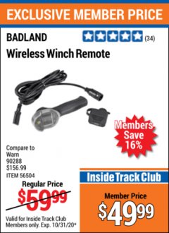 Harbor Freight ITC Coupon BADLAND WIRELESS WINCH REMOTE  Lot No. 56504 Expired: 10/31/20 - $49.99