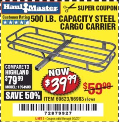 Harbor Freight Coupon 500 LB. CAPACITY STEEL CARGO CARRIER Lot No. 69623/66983 Expired: 6/30/20 - $39.99