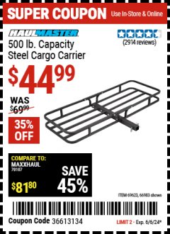 Harbor Freight Coupon 500 LB. CAPACITY STEEL CARGO CARRIER Lot No. 69623/66983 Expired: 6/6/24 - $44.99