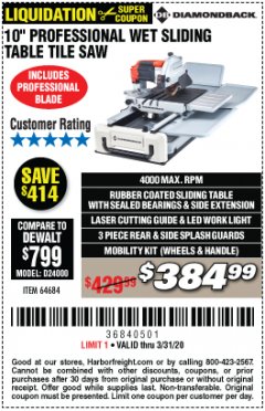 Harbor Freight Coupon 10" PROFESSIONAL WET SLIDING TABLE TILE SAW Lot No. 64684 Expired: 3/31/20 - $384.99
