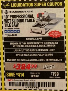 Harbor Freight Coupon 10" PROFESSIONAL WET SLIDING TABLE TILE SAW Lot No. 64684 Expired: 3/31/20 - $384.99