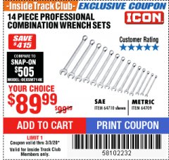 Harbor Freight ITC Coupon 14 PEICE PROFESSIONAL COMBINATION WRENCH SETS: METRIC OR SAE Lot No. 64710/64709 Expired: 3/3/20 - $89.99