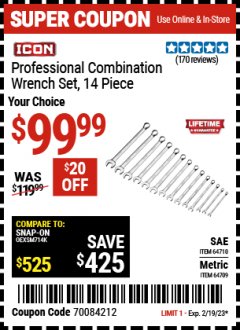 Harbor Freight Coupon 14 PEICE PROFESSIONAL COMBINATION WRENCH SETS: METRIC OR SAE Lot No. 64710/64709 Expired: 2/19/23 - $99.99