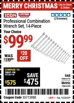 Harbor Freight Coupon 14 PEICE PROFESSIONAL COMBINATION WRENCH SETS: METRIC OR SAE Lot No. 64710/64709 Expired: 12/24/23 - $99.99
