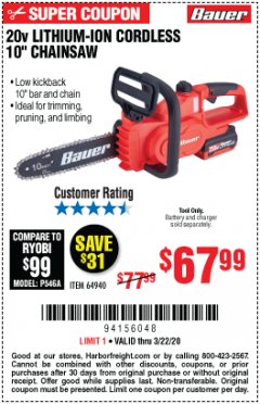 Harbor Freight Coupon 20V LITHIUM-ION CORDLESS 10" CHAINSAW Lot No. 64940 Expired: 3/22/20 - $67.99