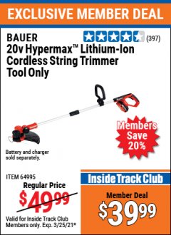 Harbor Freight ITC Coupon 20V LITHIUM-ION CORDLESS 12" STRING TRIMMER Lot No. 64995 Expired: 3/25/21 - $39.99